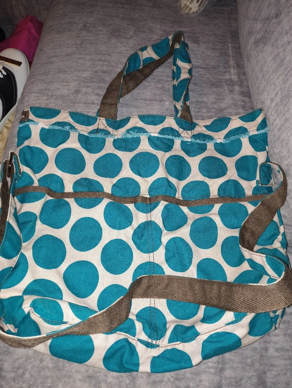 Thirty-One Canvas Polka Dot Tote Bag - Teal/White